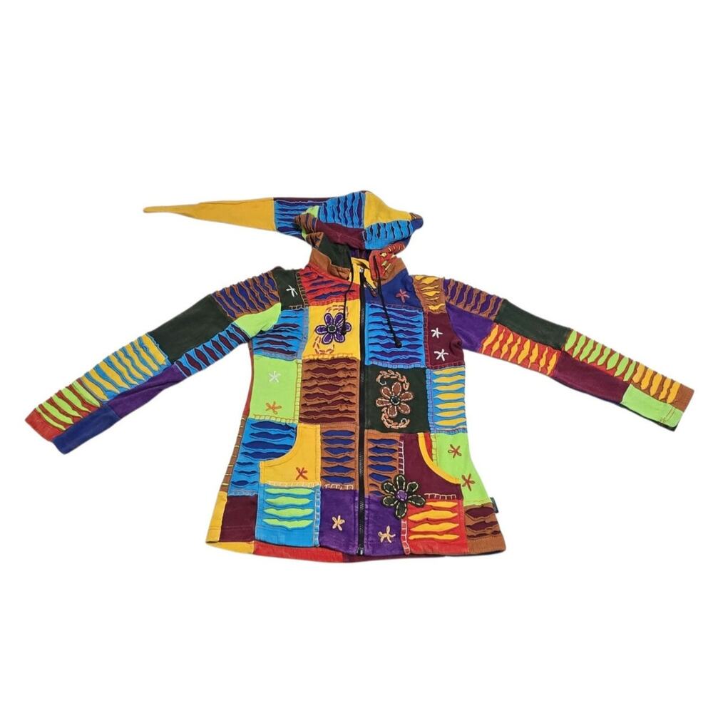 Agan Traders Zip Front Patchwork Razor Cut Hoodie Pointy Pixie Hood Floral M
